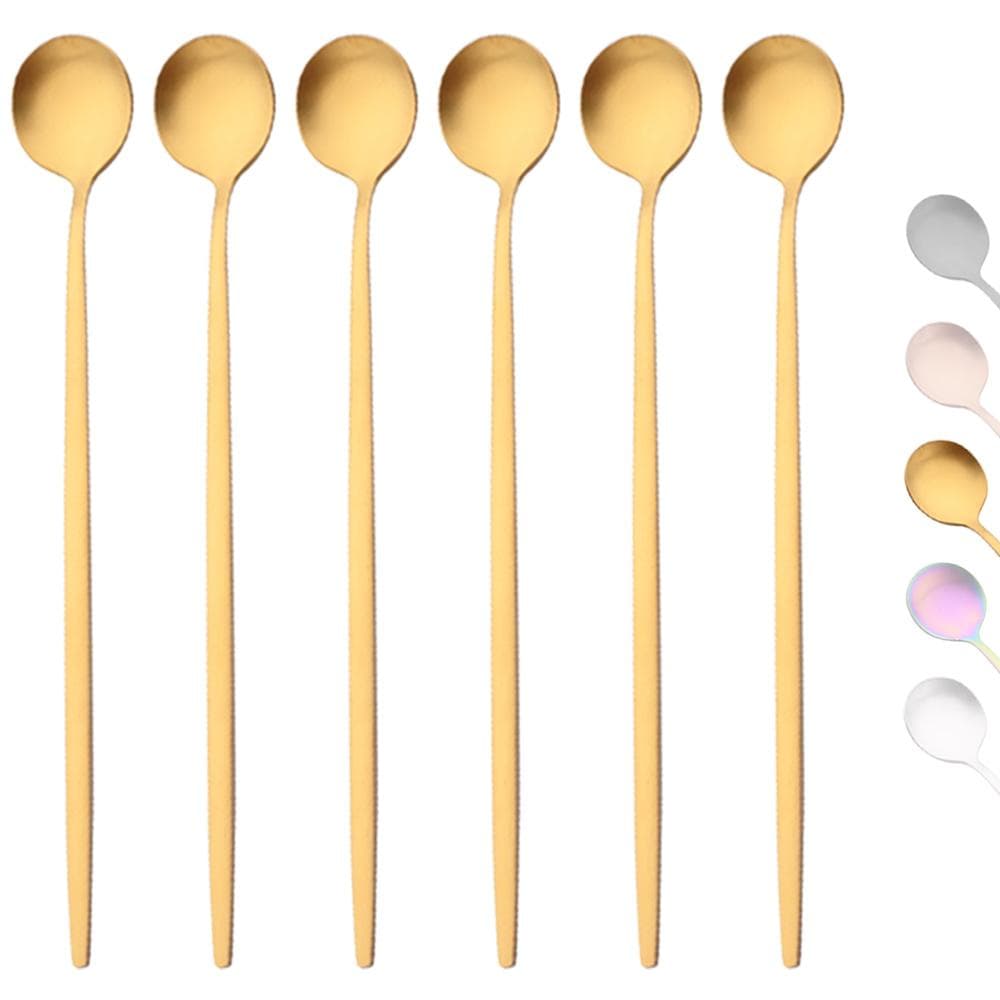 6Pcs Gold Coffee Tea Stir Spoon Long Handle Ice Cream Dessert Spoons Eco-Friendly Stainless Steel Tableware Kitchen Supplies white/gold