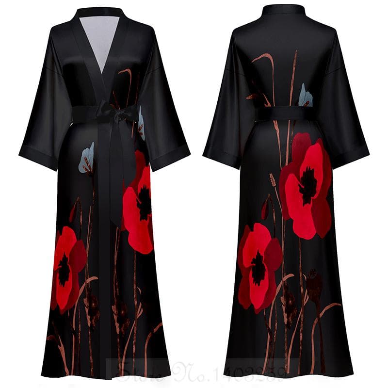 Plus Size Female Long Robe Sleppwear Print Flower Kimono Bathrobe Gown Loungewear Spring Summer Loose Casual Satin Home Dress cm