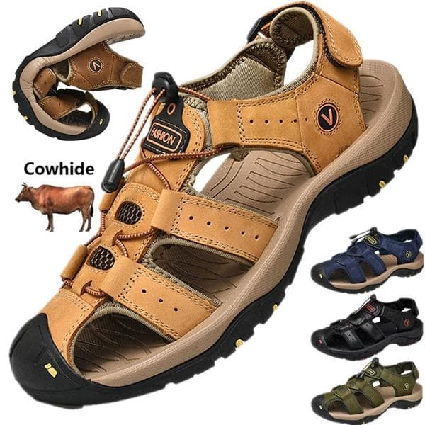 Waterproof Genuine Leather Cowhide Men Sandals Summer Quality Beach Slippers Casual Sneakers Outdoor Beach Shoes Largre Size cm brown