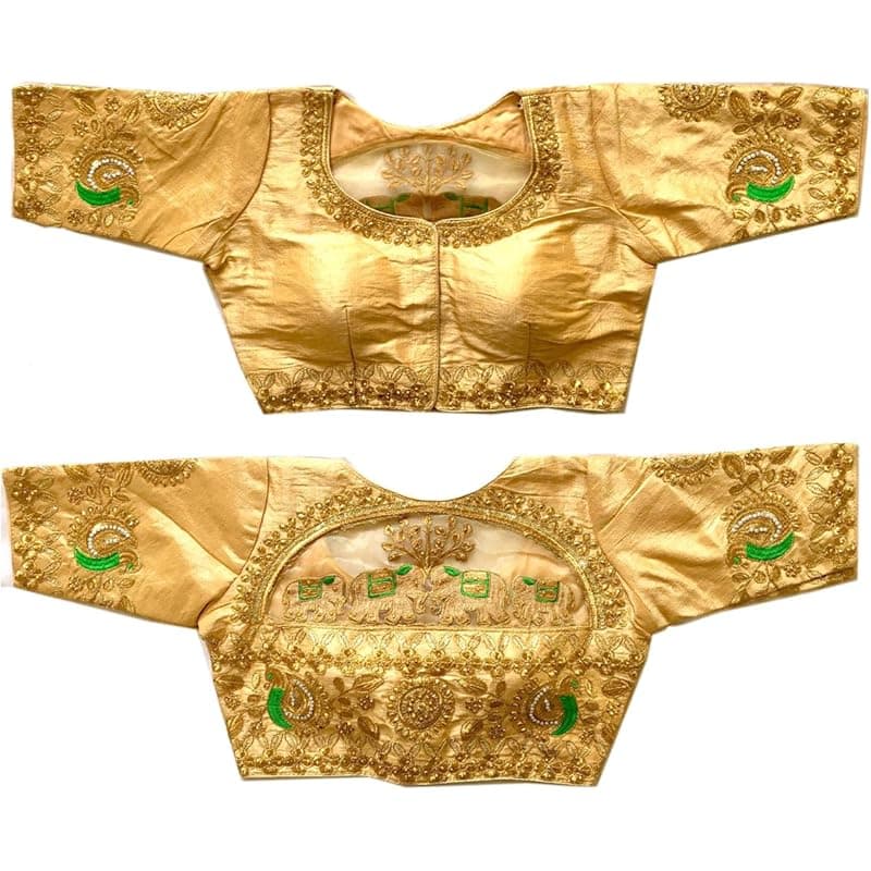 Pujia Mills Women's Phantom Silk Elephant Half Sleeve Saree Blouse (Gold, 38) cm gold