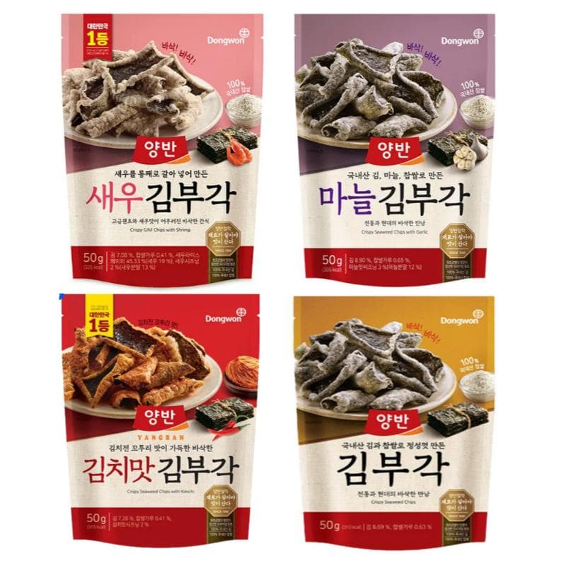 Dongwon Yangban Seaweed Chips Variety Pack, 50g × 4pcs (Original, Garlic, Shrimp, Kimchi)