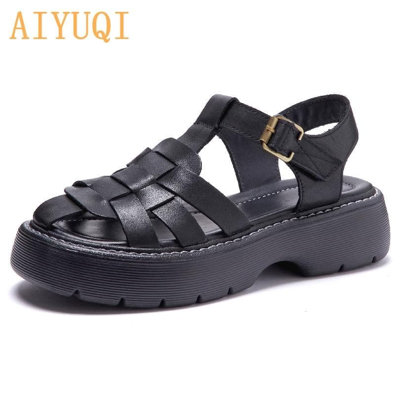 Sandals Women Summer Genuine Leather Baotou Roman Sandals Ladies Retro Hollow Woven Women Sandals cm green