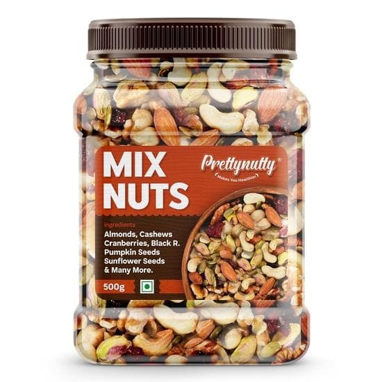 PrettyNutty Healthy Nutmix 500g, Dried Almonds, Black Raisins, Cashewnuts, Cranberries, Black Dates & Many More. (Pack of Jar)