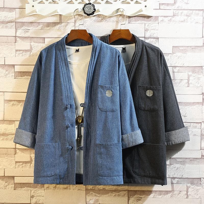 Japanese Style Kimono Haori Samurai Robes Gown Chinese Hanfu Cardigan Jackets Fashion Retro Qipao Tops Denim Coats Casual Blouse cm black