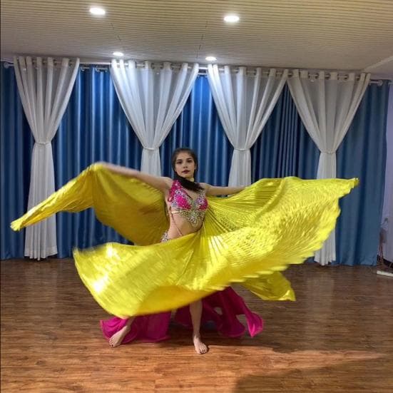 1 Set Performance Telescopic Rod 360 Wings Egyptian Degree Belly Dance Cape with Costume Pleated Bright purple