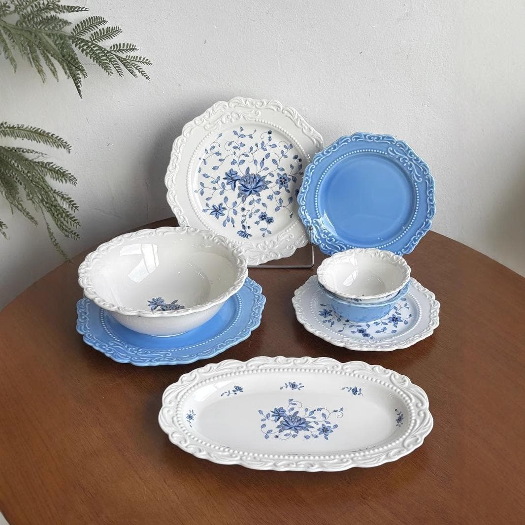 Vintage Blue Lace Dinner Plate French Ceramic Bowl Dessert Plate Household Cutlery Set