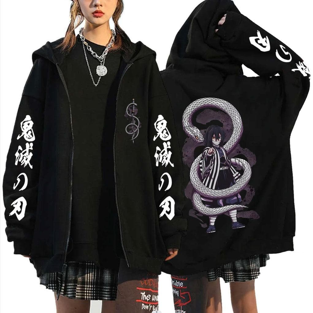 Anime Demon Slayer Serpent Hashira Iguro Obanai Graphic Print Zipper Hoodie Men Women Fashion Oversized Zip Up Jacket Sweatshirt cm black