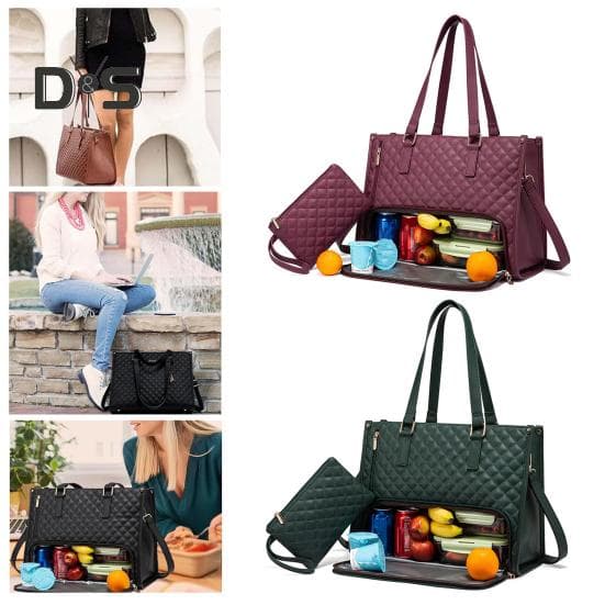 2-in-1 Tote Bag Lunch Bag for Women 15.6-inch Laptop Lunch Bag Large Tote Bag with Lunch Compartment Spacious Work Bag for Business Office College bla