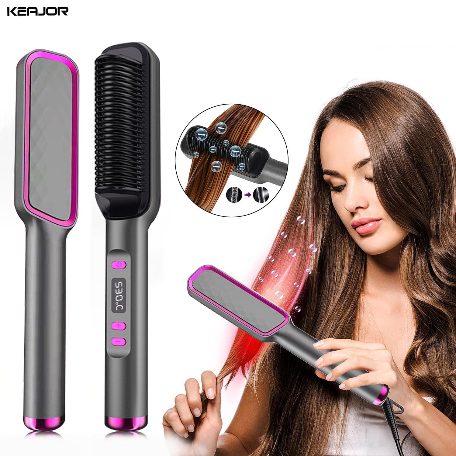 Hair Straightener Comb 3 In 1 Hair Styling Curler Iron Electric Straightening Brush Fast Heating Anti-Scald Styler Curling Tools grey