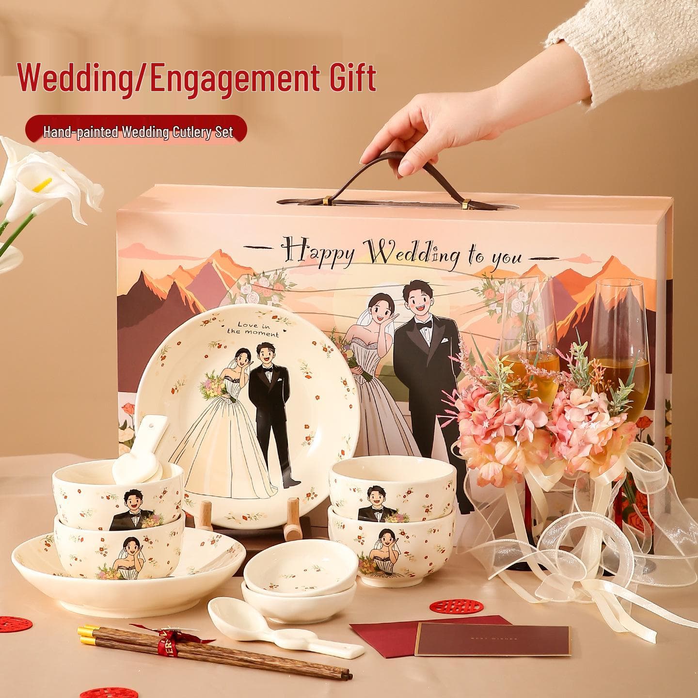 Elegant Newlywed Engagement Gift: Premium Bowl, Chopsticks & Glassware Set for Couples or Best Friends