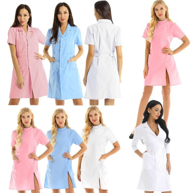 Short Sleeve Button Front Scrub Dress Women Adults S-XXL - Lapel Collar Solid Color Hospital Nurse Lab Coat Uniform cm pink