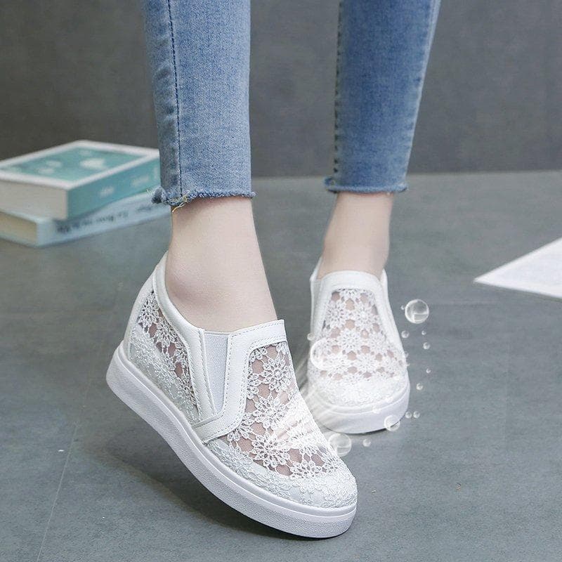 Breathable Mesh White Wedge Sneaker High Platform Height Increased Hidden Shoes Summer Wild Casual Thick Sole Net Shoes cm black