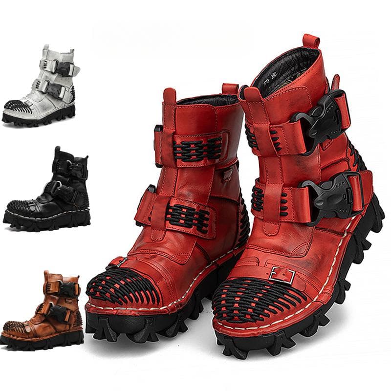 New Men's Motorcycle Boots Genuine Leather Military Combat Boots Gothic Skull Punk Boots Tactical Boots Men Platform Basic Boots cm