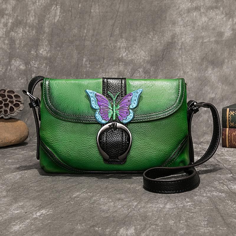 Retro First Layer Cow Leather Women Bag Hand Painted Leisure Shoulder Bags Hasp Small Lady Messenger Bag green