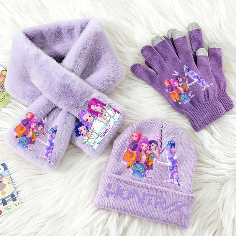 3PCS KPop Demon Hunters Children Knitted Hat Gloves Scarf Set Cute Girls Winter Accessories Knit Cap Scarfs Christmas Gifts