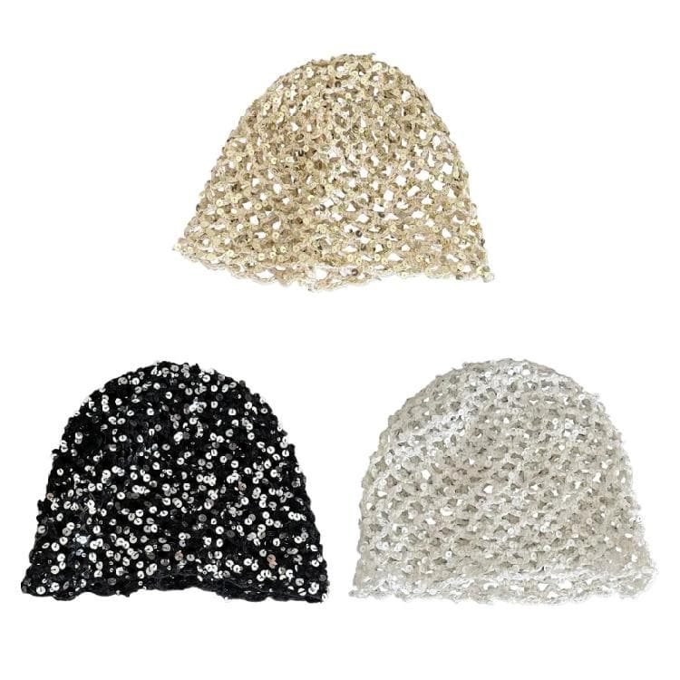 Reflective Sequined Hat Stackable Design Comfortable Pullover Hollowout Hat For Women Daily and Evening Party Photo Wear white