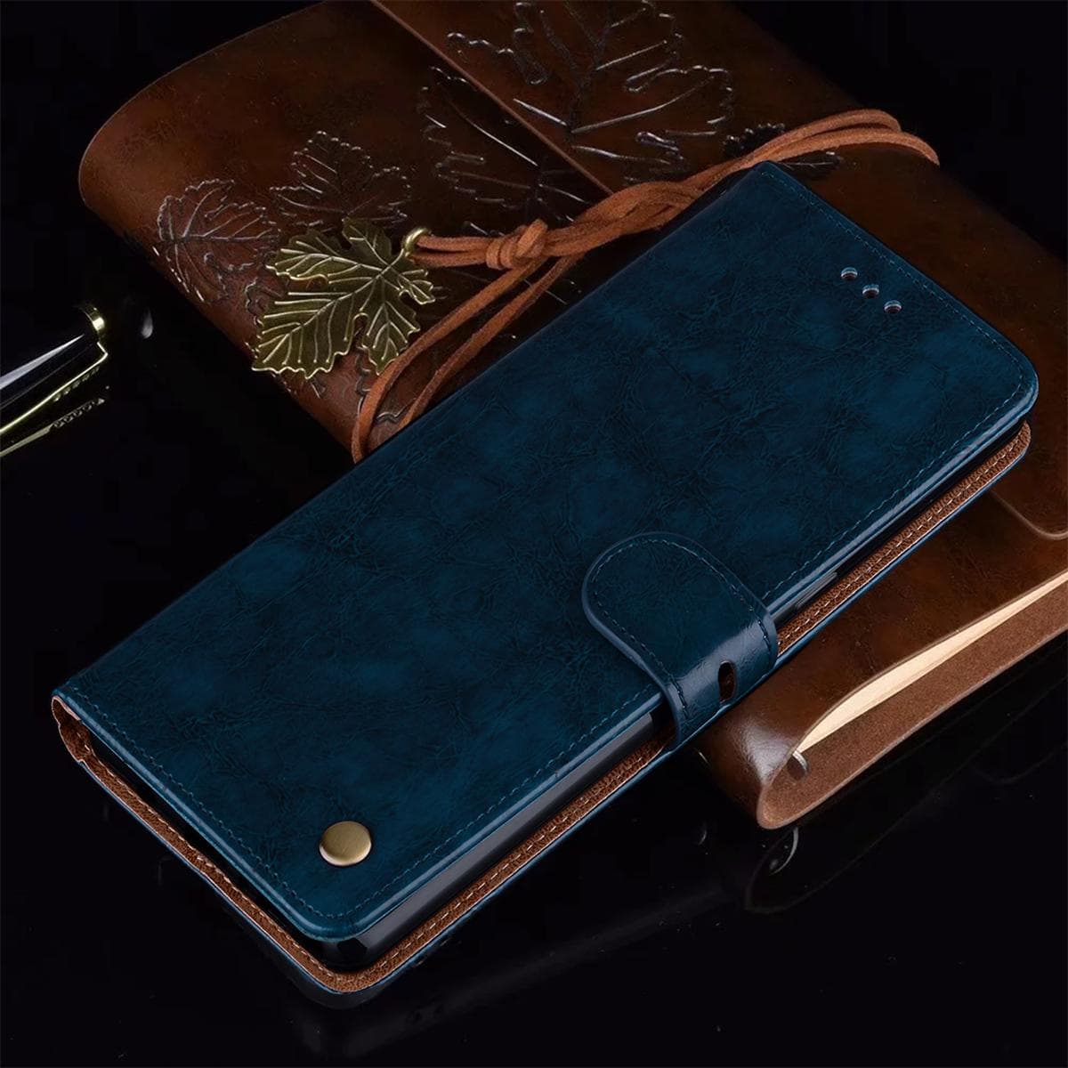 Business fashion leather wallet Phone case for iPhone samsung huawei Honor xiaomi redmi blue