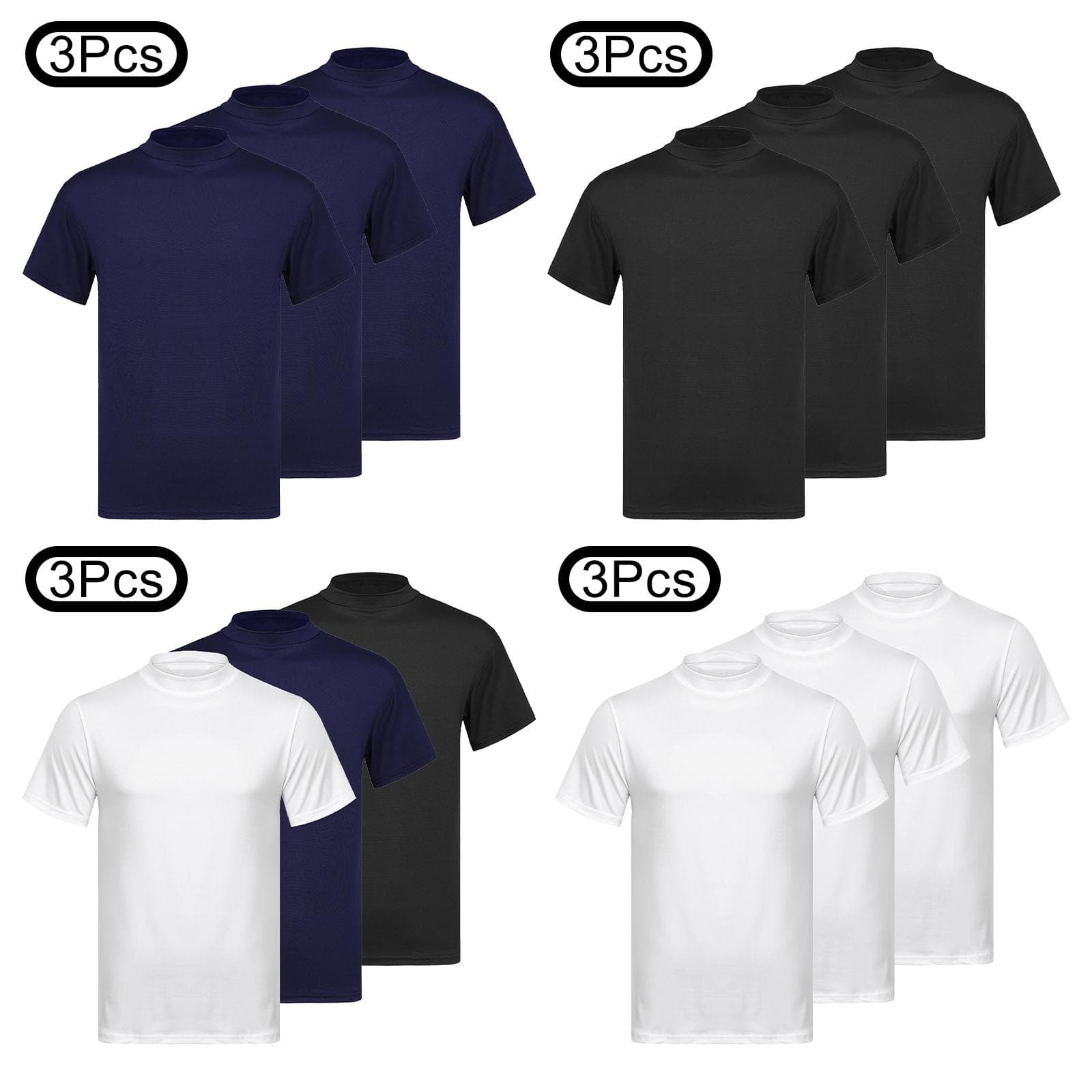 Mens 3pcs Mock Neck Short Sleeve Tshirt Casual Solid Color Slim Fit Tops Undershirt Set cm