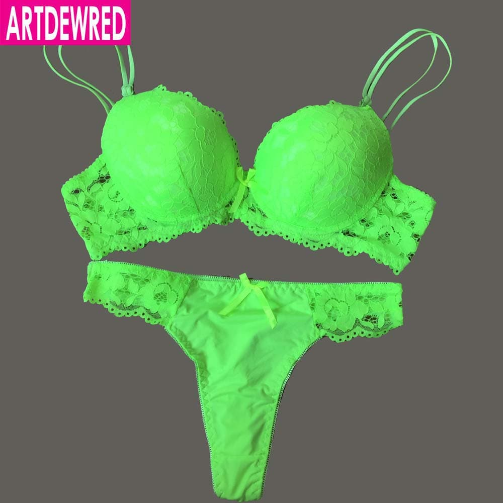Lace Bra Thong Set Push up Underwear set Women Panties Hollow Lace Intimates Bras and Panty set cm white