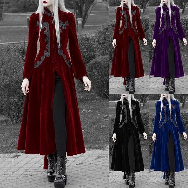 Fashion Womens Long Sleeve Mediaeval Cape Coat Gothic Steampunk Victorian Trench Coat Zipper Velvet Jacket cm purple