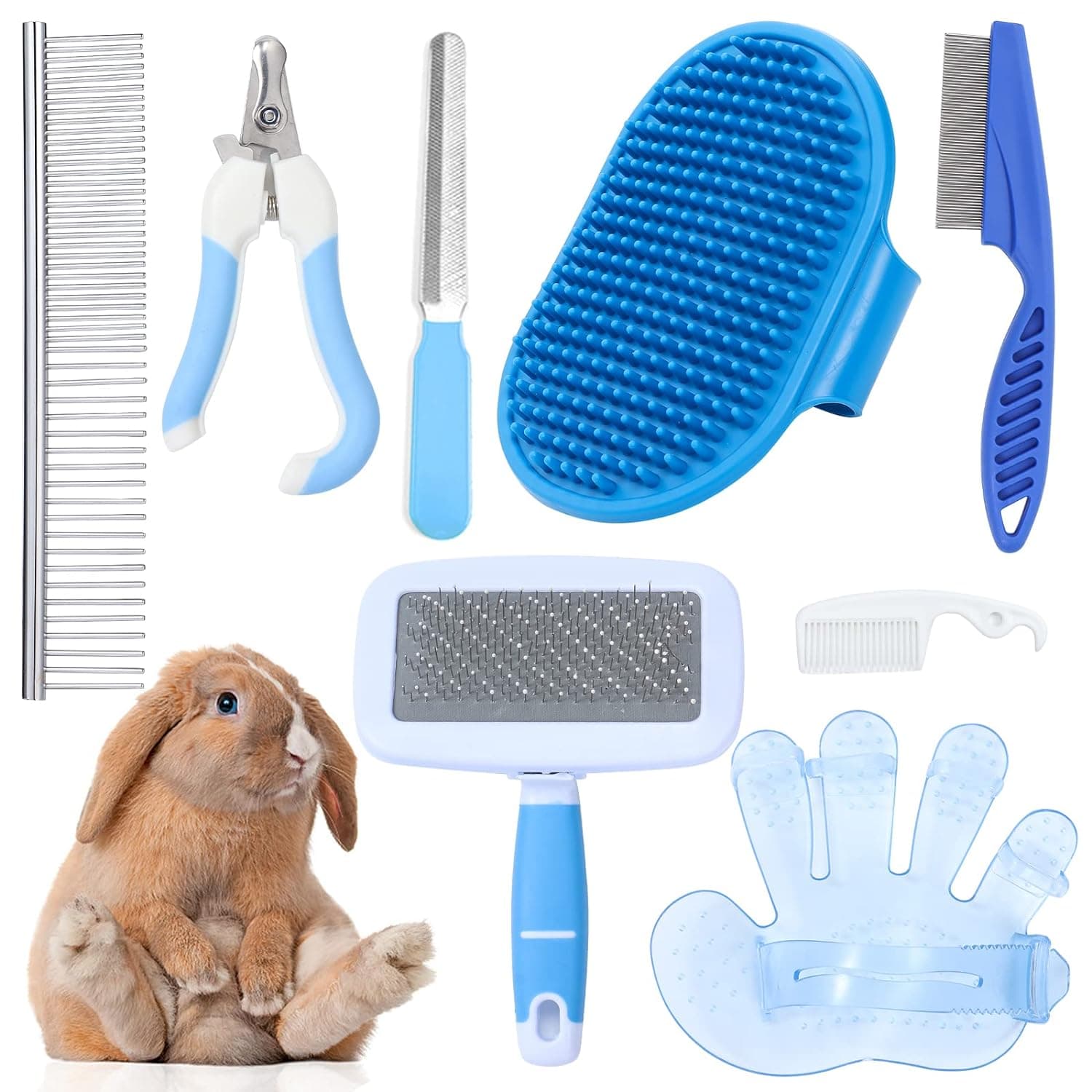 8pcs/set Rabbit Grooming Kit Rabbit Brush for Shedding with Bunny Nail Clipper and Pet Combs Bath Massage Glove Brush for Pets white