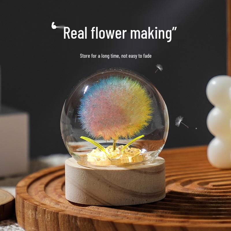 Glowing Dandelion Night Light: Dried Flower Bouquet in Glass Dome - Birthday Gift for Girls/Girlfriends