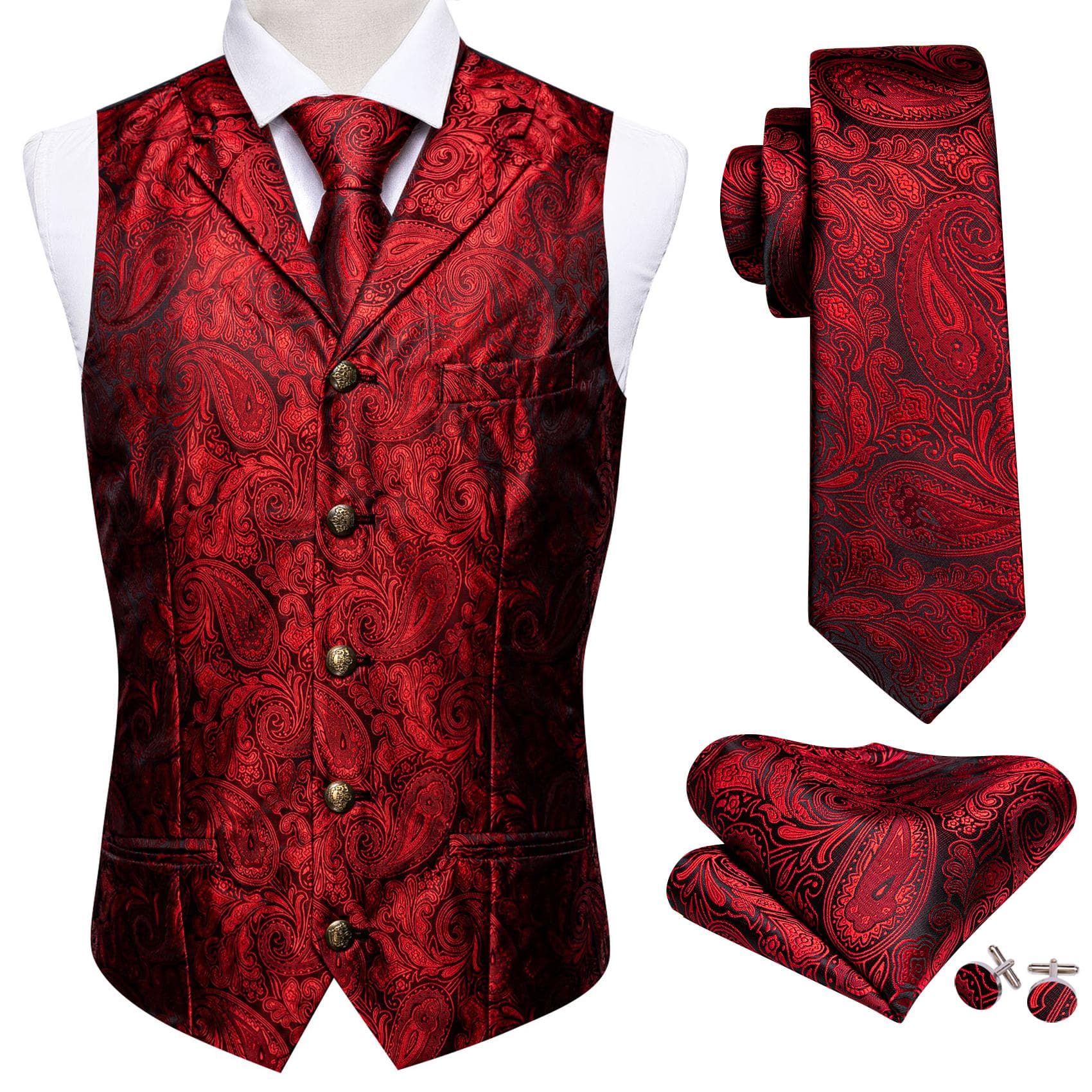 Barry.Wang Mens Waistcoat Vest Tie Hankerchief Cufflinks Dark Red Paisley Collar Copper Buckle Jacquard Woven Silk Wedding Dating Party Set cm