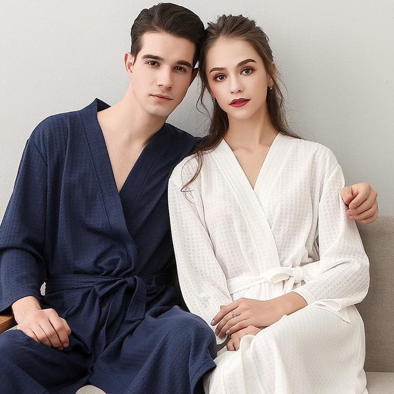 Spring-Summer Waffle Bathrobe: Unisex, Lightweight, 3/4 Sleeves, Korean Style, Absorbent cm