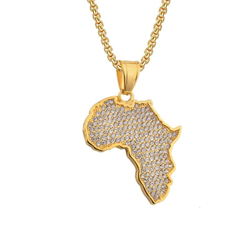 Hip Hop Iced Out Bling African Africa Map Pendant Gold Color Stainless Steel Zircon Rapper Necklace For Men Women Jewelry Gift