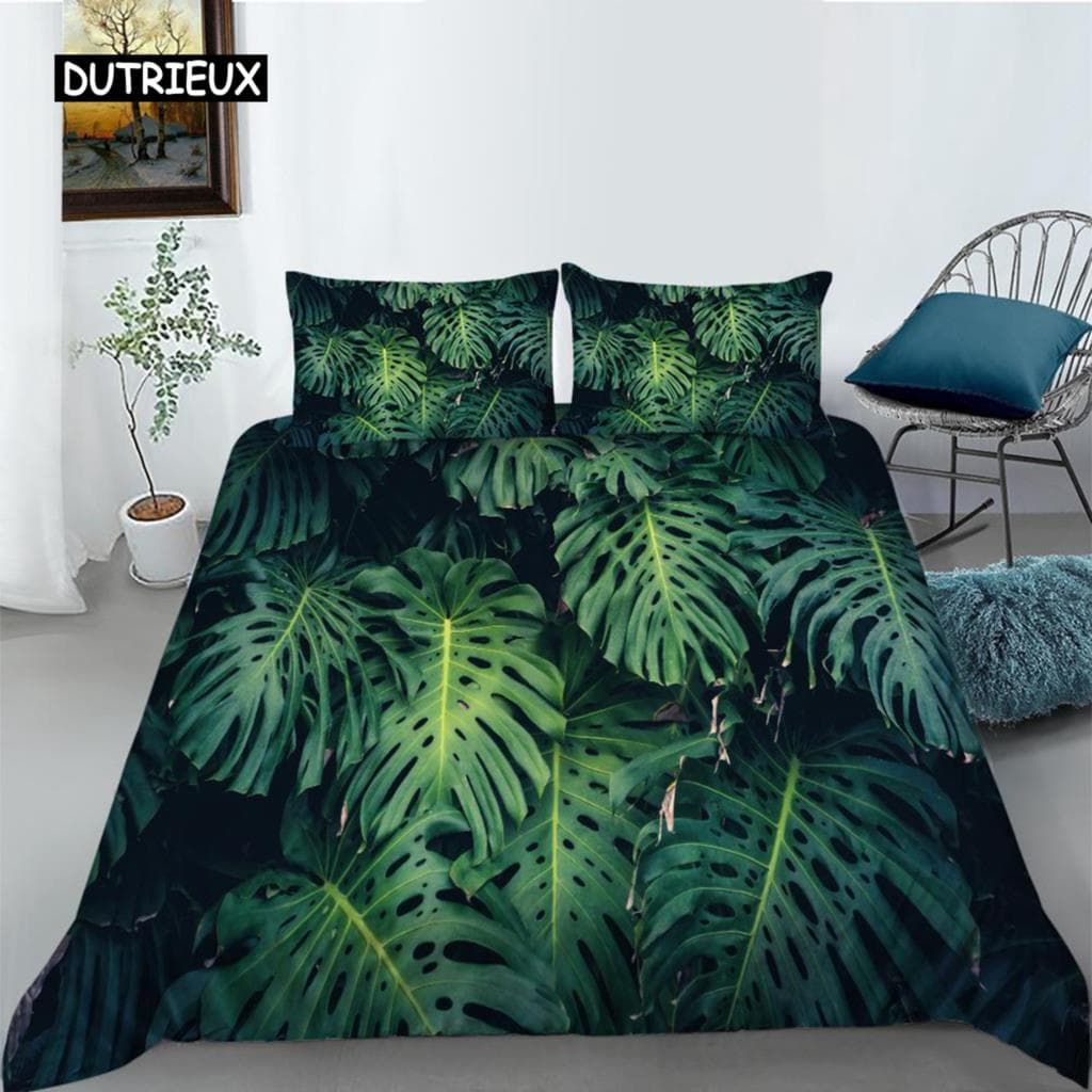 Green Duvet Cover Set Queen Size Tropical Rainforest Green Plant Palm Leaf Comforter Cover for Kids Teen Microfiber Quilt Cover