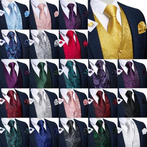 Dibangu Mens Yellow Paisley Vest Suit Waistcoat Hanky Cufflinks Tie Set Wedding cm