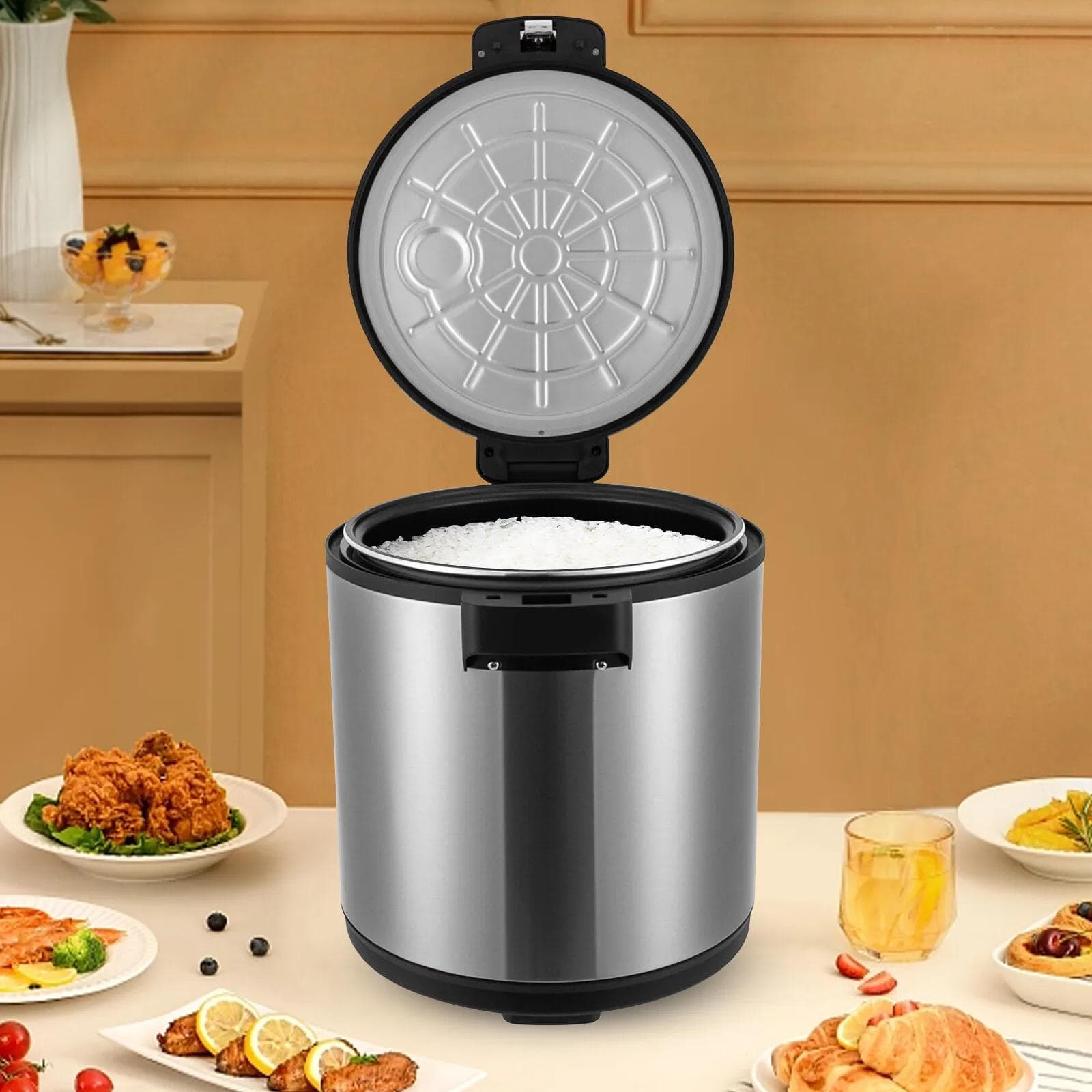 23L Heavy-Duty Rice Warming Pot,Food Warmer 110W 110V Electric Rice Warmer, w/Rice Scoop, for Parties, Holiday Banquets,Catering silver