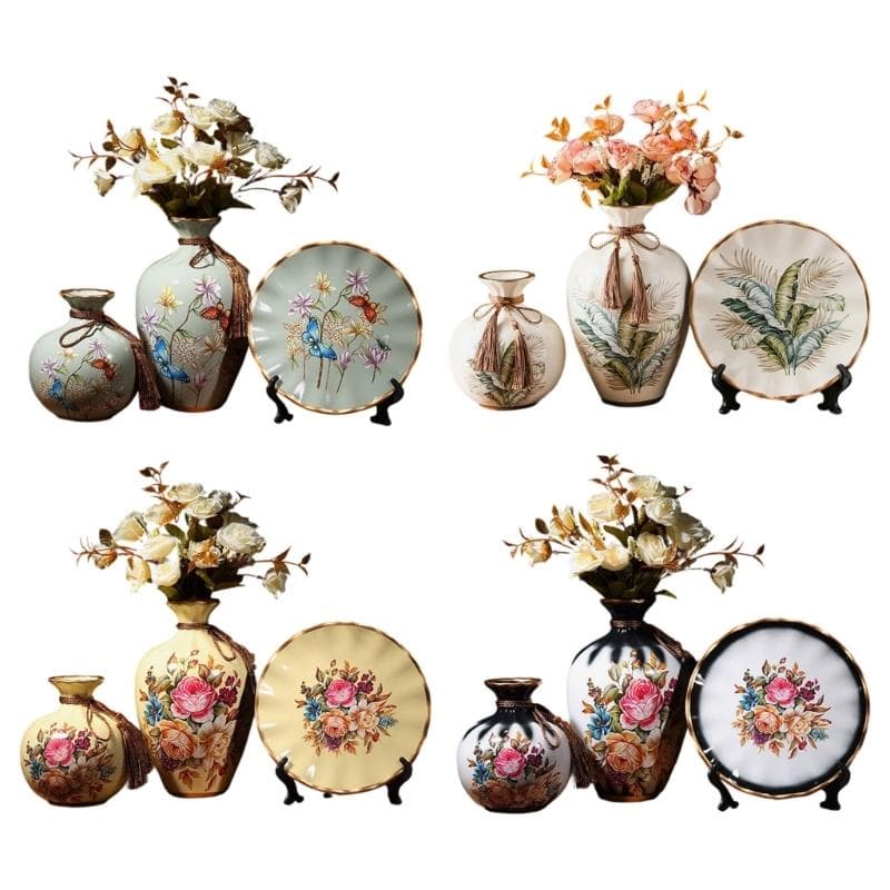 Decorative Ceramic Vases and Round Tray Set of 3 Modern Tabletop Display for Flower Arrangements Housewarmings Gift
