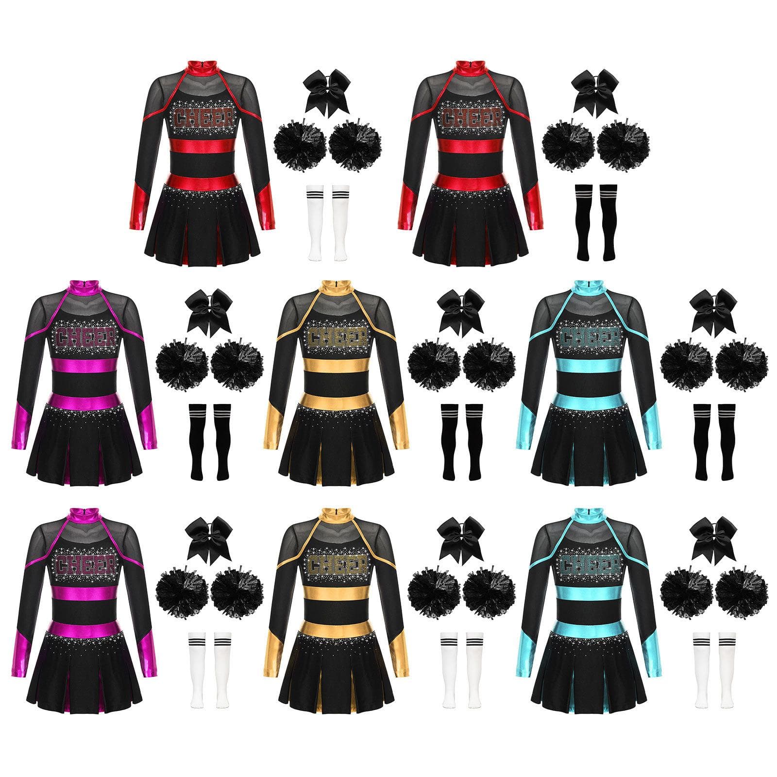 Girls Cheerleading Dance Outfit Halloween Fancy Dress Up Long Sleeve Dress Cheer Leader Uniform Masquerade Cosplay Outfits cm