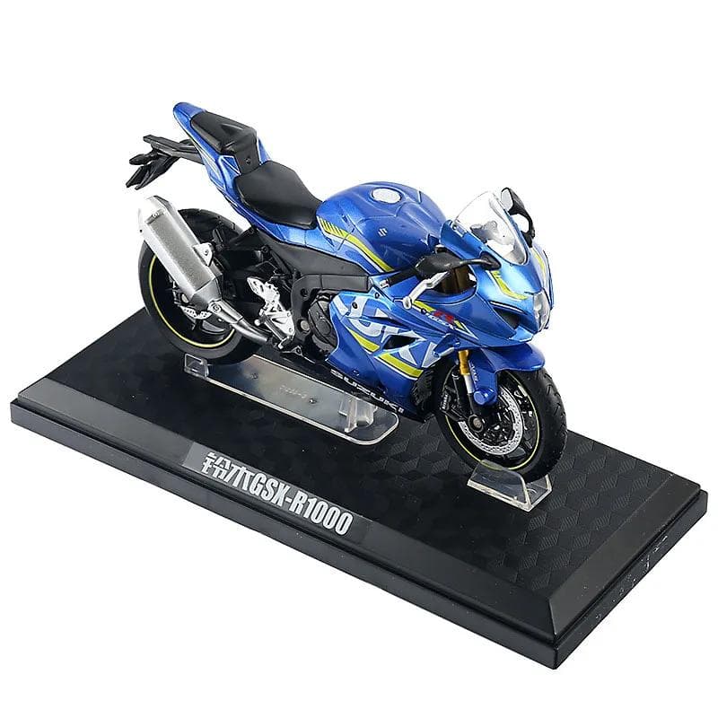 1/12 Suzuki Alloy Diecast GSX-R1000 Motorcycle Model Toy 17cm Off Road Motor Model Decorations with Box Plastic Bracket Base blue
