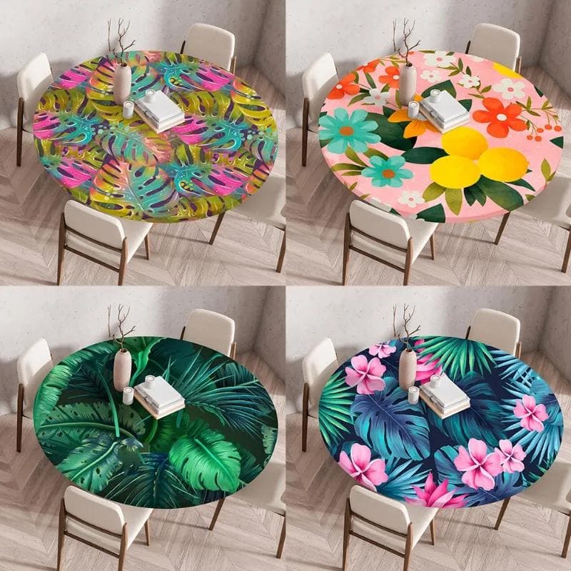 Waterproof 60-140cm Plant Round Tablecloth Fitted Elastic Palm Leaf Tablecloths Reusable Round Table Cover for Kitchen