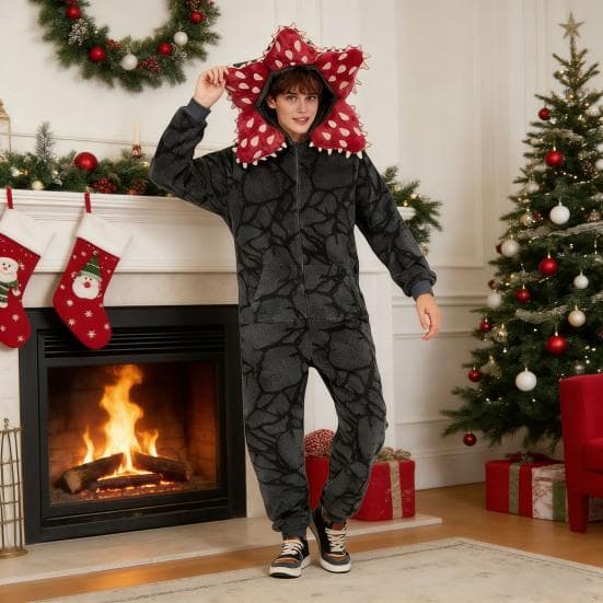 Winter Unisex Carnivorous Flower Onesie Pajamas Flannel One Piece Sleepwear Long Sleeve Hooded Christmas Pjs Loungewear cm