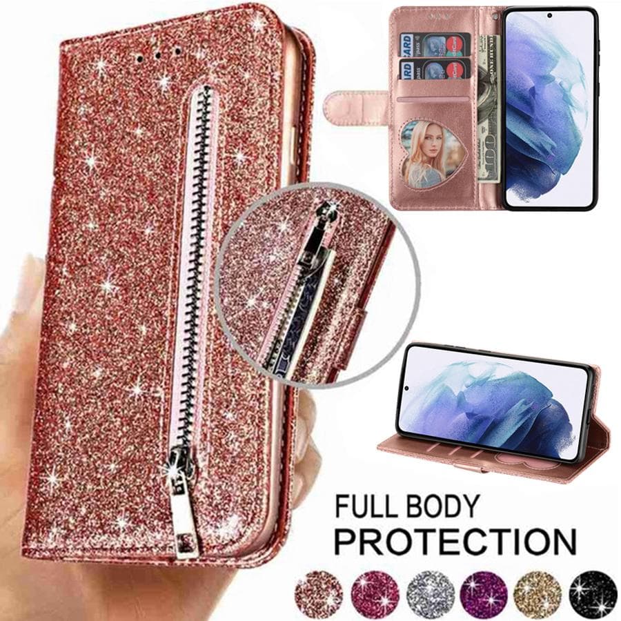 Wallet Glitter With Card Slots Flip Leather Case For Samsung Galaxy Xiaomi Redmi iPhone Huawei Honor Google One Plus LG Case silver