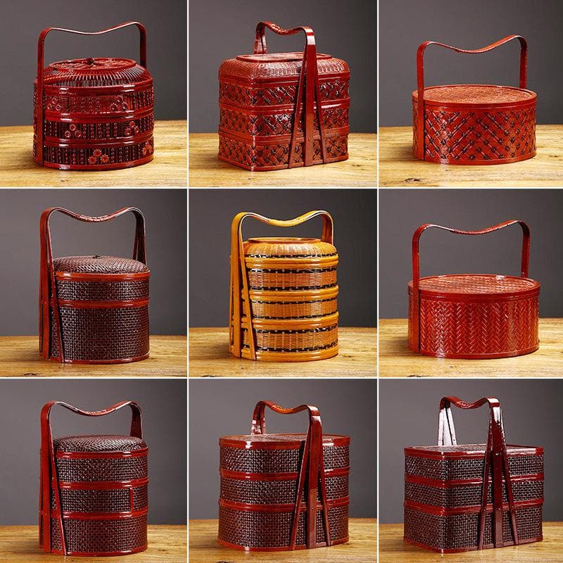 Retro Red Bamboo Mooncake Wedding Gift Basket - Handwoven Storage Box cm