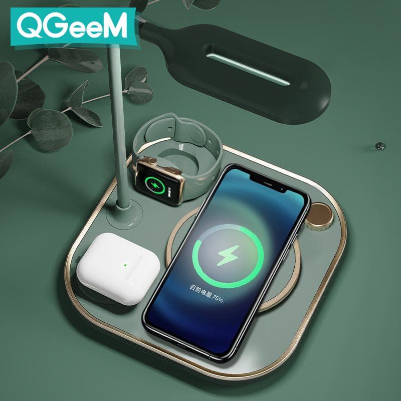 For Modern Led Office Desk Lamp Wireless Charger Lamp 15w Fast 3 In 1 Wireless Charging For IPhone Phone Watch Earphone green