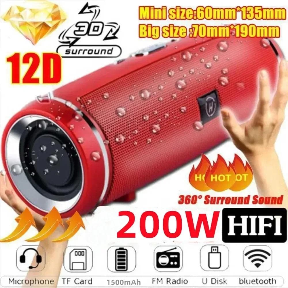 200W Portable Bluetooth Speaker IPX7 Waterproof Outdoor HIFI Pillar Speaker Subwoofer Stereo TWS Speaker FM Radio TF Boom Box