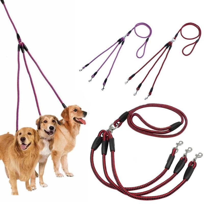 Adjustable Nylon 3 Way No-Tangle Triple Couple Pet Dog Walking Leash Lead with Padded Soft Handle Breakaway 3 Heads Lead Leash red/blue
