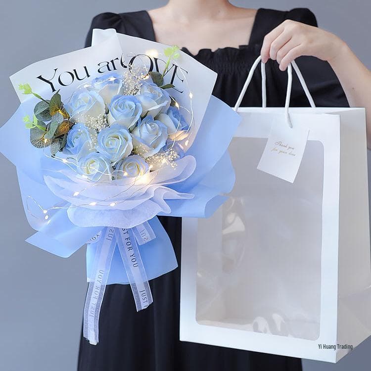 Preserved Blue Rose Bouquet with Gypsophila - Valentine, Wedding, Birthday Gift for Girlfriend or Best Friend