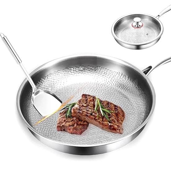 Titanium Frying Pan with Lid Scratch-Resistant Skillet Non-Stick Hammered Cookware for Gas Electric Induction Stoves Healthy Cooking Essential