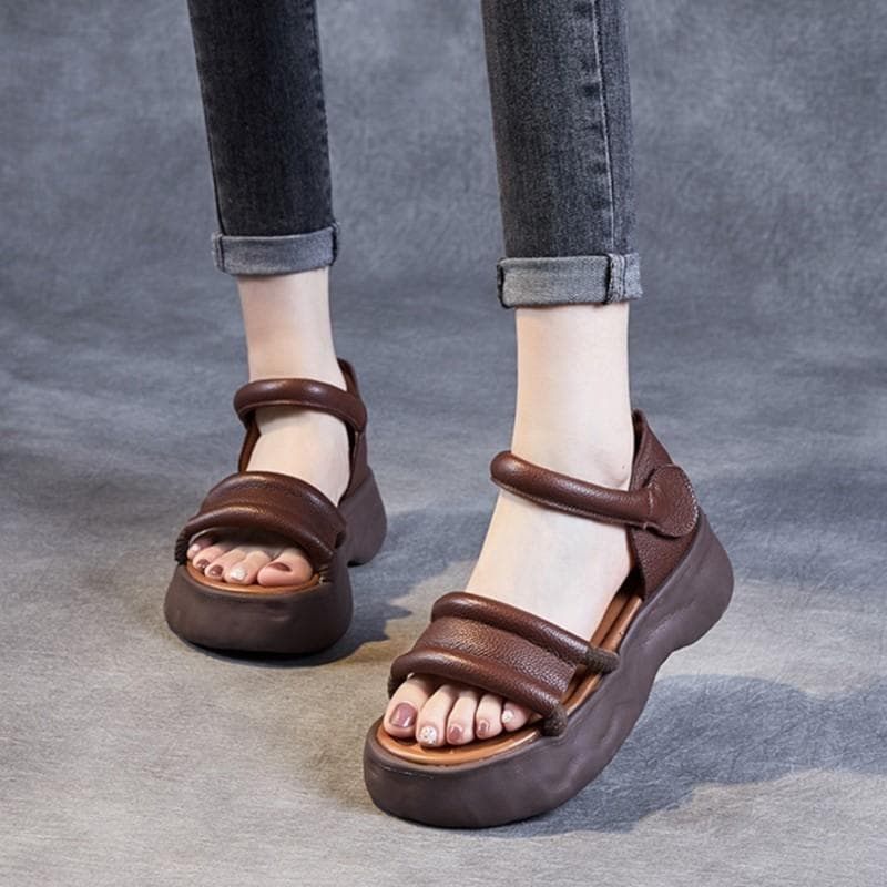 Johnature Genuine Leather Thick Sole Sandals Versatile Soft Sole Comfortable Breathable Women Platform Shoes cm beige
