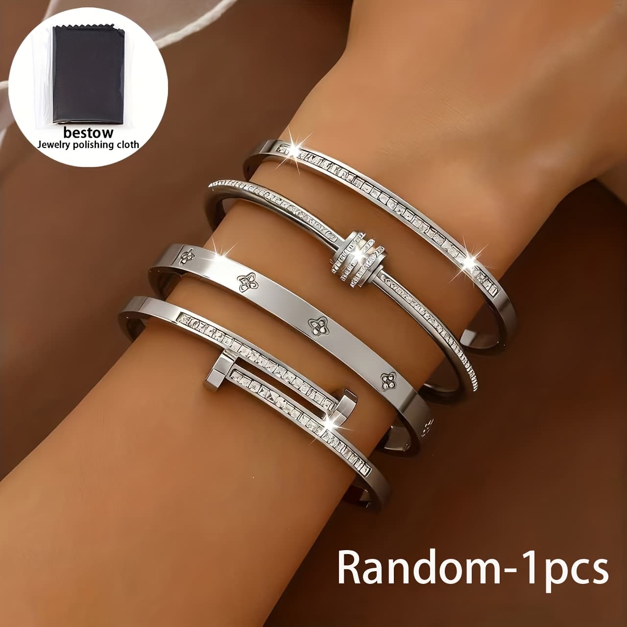 TEMU 1 Random Stainless Steel Bangle For Women + 1 Polishing Cloth French Retro Elegant Style, Durable Tarnish-free Jewelry, Ideal Accessory For