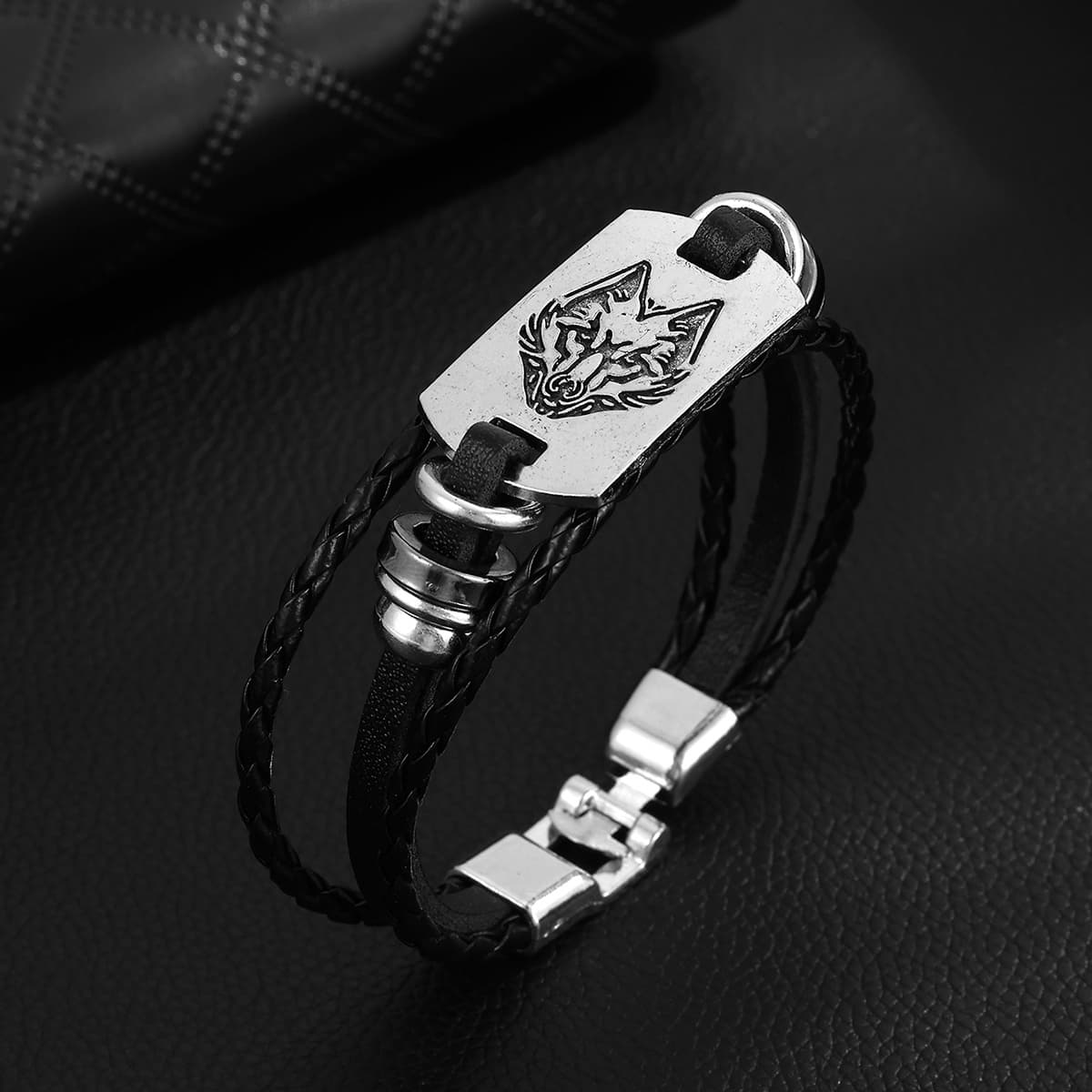 TEMU 1pc Men's Fashion Wolf Head Style, Handmade Vintage Faux Leather Bracelet, Fashion , Bracelet