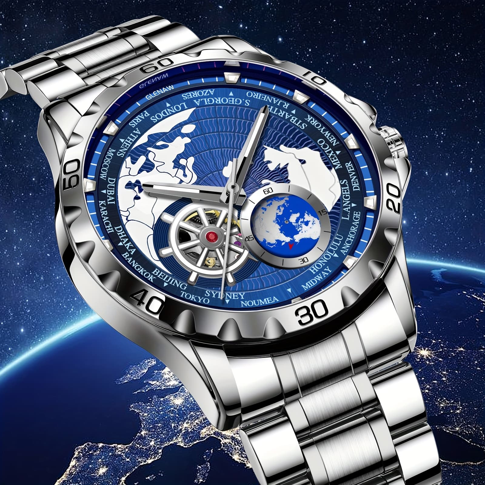 TEMU Men' Watch, Rotating Little Earth Blue 's Mechanical Watch Steel Strap Stopwatch