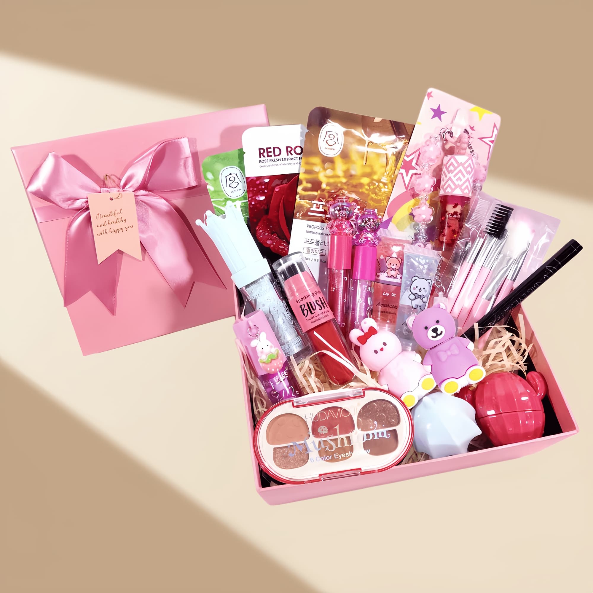 TEMU 22pcs Value-packed Cute Bear Makeup Gift Set - Blush, Eyeshadow, Lip Gloss, Makeup Brushes Face Mask Full Kit - Beauty Bundle For Birthdays And