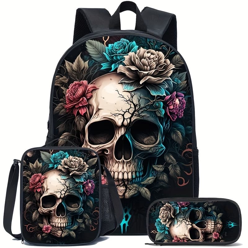 TEMU Skull Head Black Large Capacity Backpack 3pcs Set. Student Children Casual Book Bag